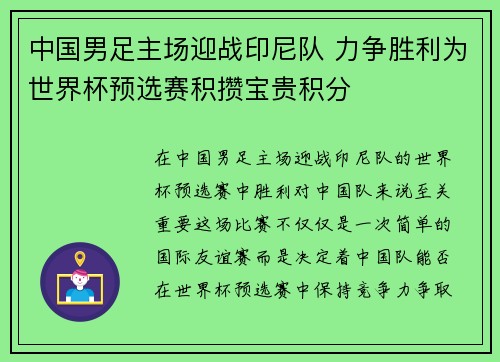 中国男足主场迎战印尼队 力争胜利为世界杯预选赛积攒宝贵积分